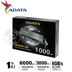 ADATA - SSD Legend 860 1TB M.2 NVMe 6000MB/s Lectura 3000MB/s Escritura