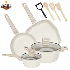 CHEFCHOICE - Juego de Ollas Aluminio Bifera Antiadherente Granito 10 Piezas Crema