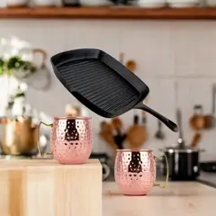 LUGANO - Pack grill hierro fundido 23cm & 2 mug 500ml cobre martillado
