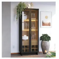 TU MESITA - Vitrina Moderna Flamingo NegroMarrón 2 puertas 1 cajón LED