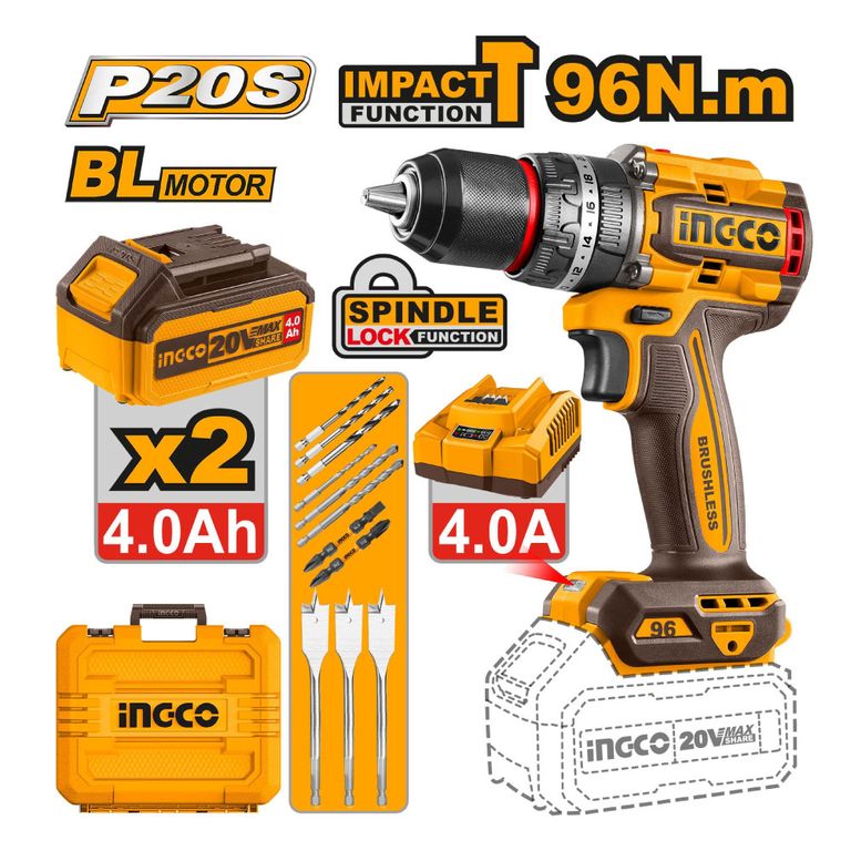 PERCUTOR BRUSHLESS INGCO 20V 96NM + BATERÍAS + ACCESORIOS CIDLI20968
