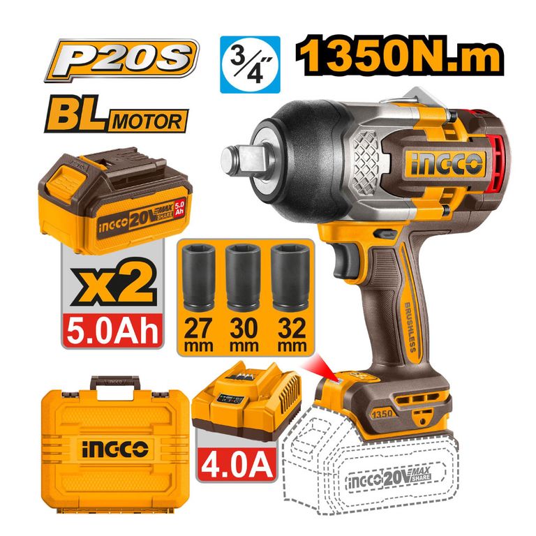 LLAVE IMPACTO BRUSHLESS INGCO 20V 1350NM 3/4 BATERÍAS 5 AH CIWLI20135