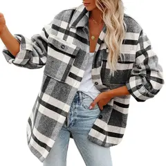 GIOIO - Chaqueta de franela de cuadros con botones para mujer