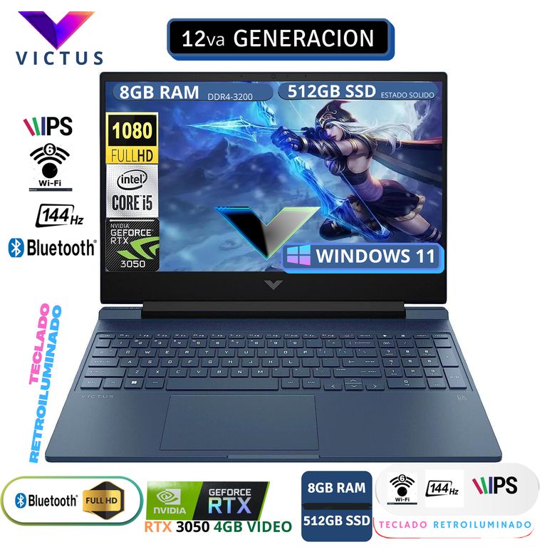 LAPTOP VICTUS 15-FA0033DX Intel Core i5-12450H 512GB SSD 8GBRAM 15.6" 144HZ NVIDIA® RTX 3050