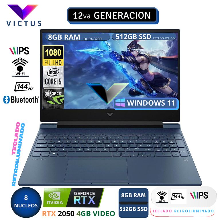 Laptop Victus 15-fa1005la Core I5 12450H 8gb 512gb ssd 4g RTX 2050 15.6 FHD 144HZ Window 11