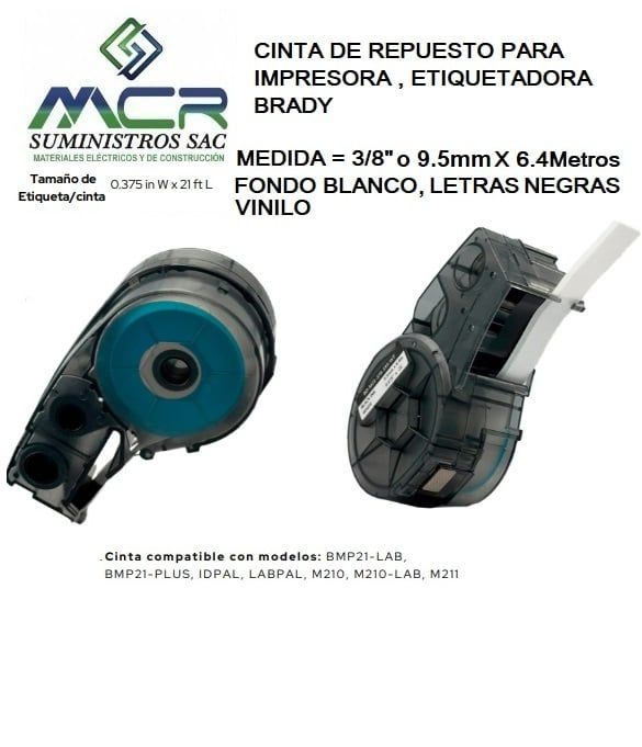 CINTA BLANCO DE 9.5MM O 3 /8 X 6.4M DE LARGO PARA ETIQUETADOR BRADY