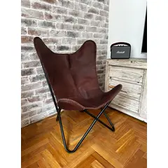 ANTIQUE DECCO - Silla Butaca Mariposa BFK Cuero Genuino Marrón Chocolate Sitial