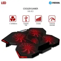 CYBERCOOL - Cooler Para Laptop HA-K3 con 5 Ventiladores USB Led Rojo