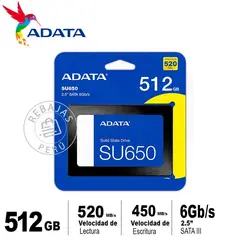 ADATA - Disco SU650 512GB SSD 25 SATA III 520MBs Lectura 450MBs