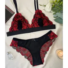 GENERICO - Bralette y pantie Conjunto Sofia negro y rojo