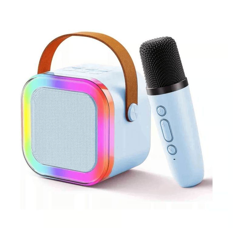 PARLANTE BLUETOOTH CON LUCES RGB Y MICROFONO INALAMBRICO CELESTE