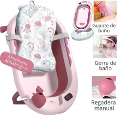 CAM - Bañera plegable +Termómetro gorro regadera guantes ROSA
