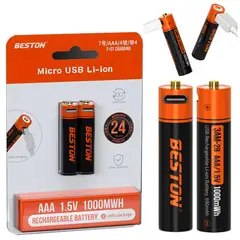 BESTON - 2 Baterias de litio recargable AAA pilas 1.5V 1000nWh Mcro USB