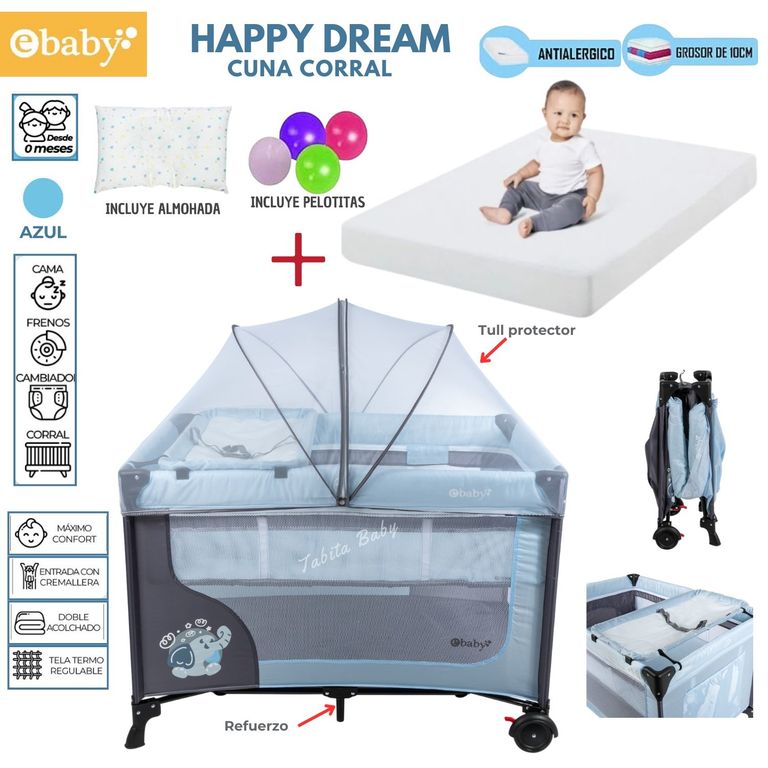 Cuna Corral Happy Dream mas Colchon Azul