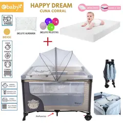 EBABY - Cuna Corral con cambiador Happy Dream mas Colchon Beige