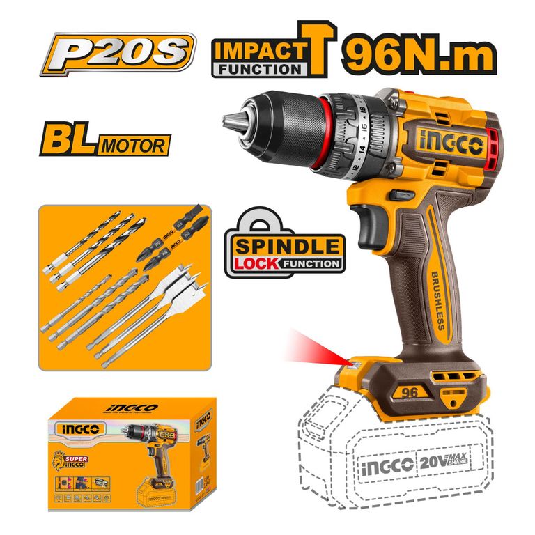 TALADRO PERCUTOR BRUSHLESS CHUCK METÁLICO INGCO 20V 96NM CIDLI209681