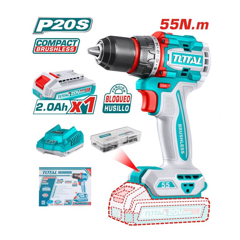 TALADRO ATORNILLADOR 20V INDUSTRIAL 55NM BRUSHLESS 13MM TOTAL TDLI205582