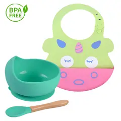 GENERICO - Pack Babero Unicornio con Cuenco Turquesa para bebe