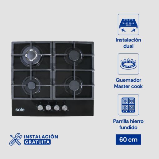 Encimera Vidrio Templado A Gas 60cm SOLCO045V2