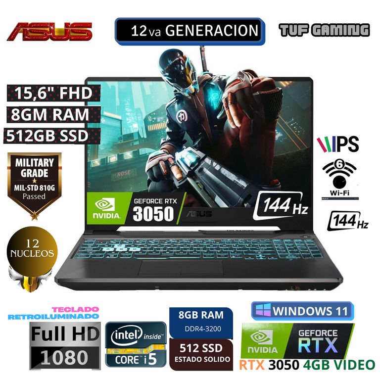 LAPTOP TUF GAMING F15 FX507ZC4-HN005W INTEL CORE I5 12 NUCLEOS 8GB RAM 512GB SSD RTX3050