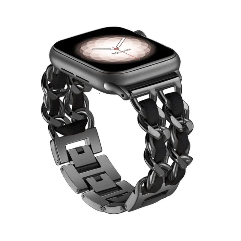 CORREA DE CUERO Y ACERO PARA WATCH 38-40-41-42 mm NEGRO