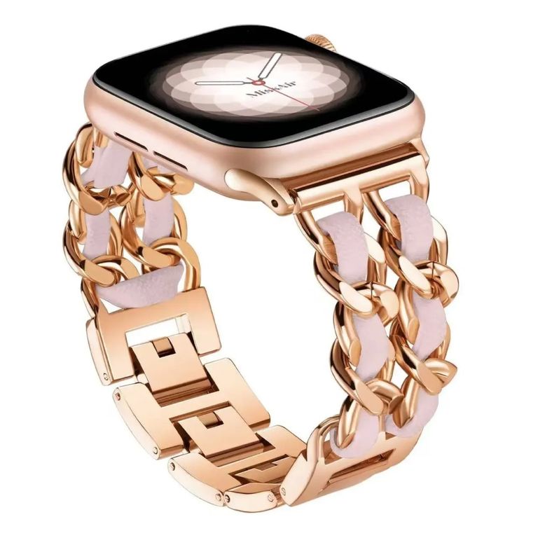 CORREA DE CUERO Y ACERO PARA WATCH 44-45-46 y 49 mm GOLD N PINK
