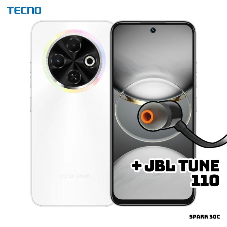 CELULAR TECNO SPARK 30C 4GB RAM 256 ROM - ORBIT WHITE + JBL TUNE 110