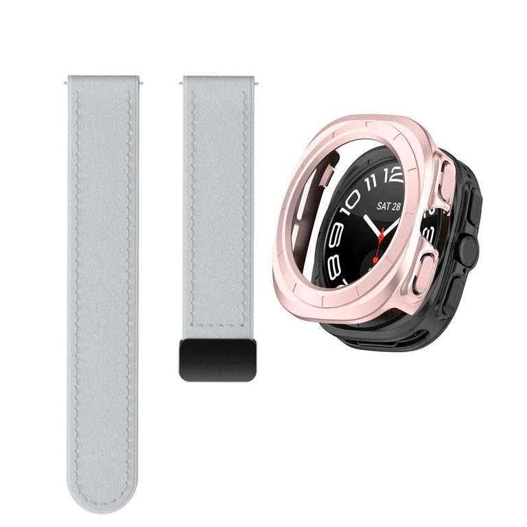 Bumper Rosa + Correa De Cuero Para Samsung Watch 7 Ultra 47mm Gris