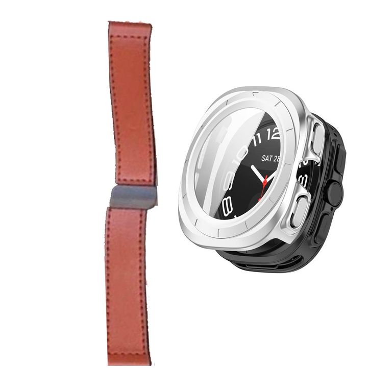 Bumper Plata + Correa Leather para SAMSUNG WATCH 7 ULTRA 47MM Marron