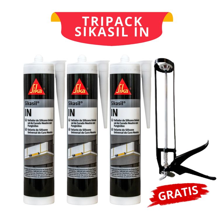 3 Silicona Neutra Antihongos Sikasil IN Transparente x 280ml + Pistola