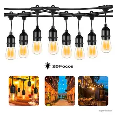OEM - Guirnalda de Luces 20 Focos LED E27 Luz Cálida para Exterior Jardín Terraza Balcón