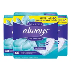 ALWAYS - Pack x3 Toallas Protectores Diarios Sin Perfume 40 un