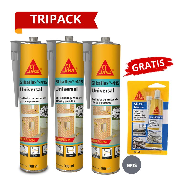 3 Selladores para juntas Sikaflex 415 Gris + Gratis Sikasil Marine