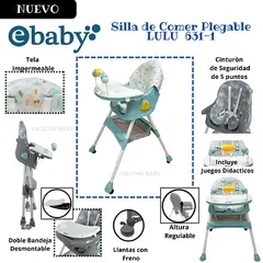 EBABY - SILLA DE COMER PLEGABLE LULU VERDE + OBSEQUIO PLATO PARA NIÑO