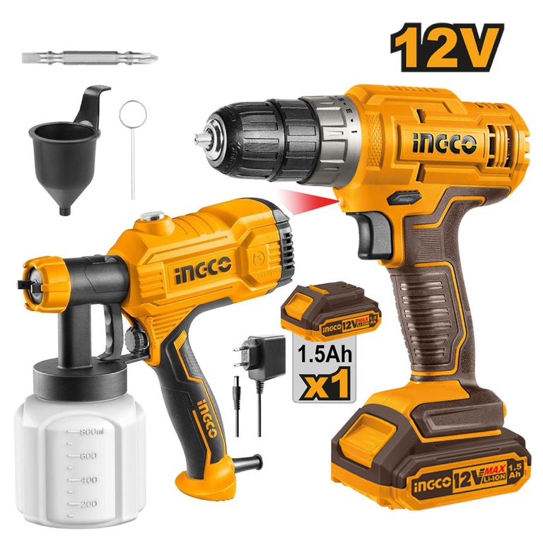 ATORNILLADOR INGCO 12V CDLI1218 + PISTOLA DE PINTAR INGCO 450W SPG3508