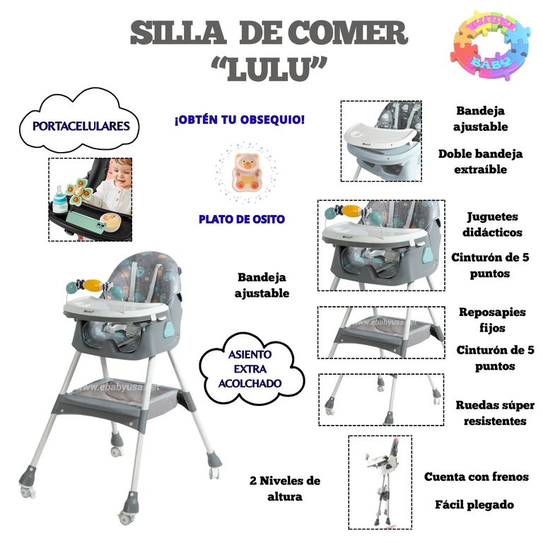 SILLA DE COMER PLEGABLE LULU GRIS + OBSEQUIO PLATO PARA NIÑO