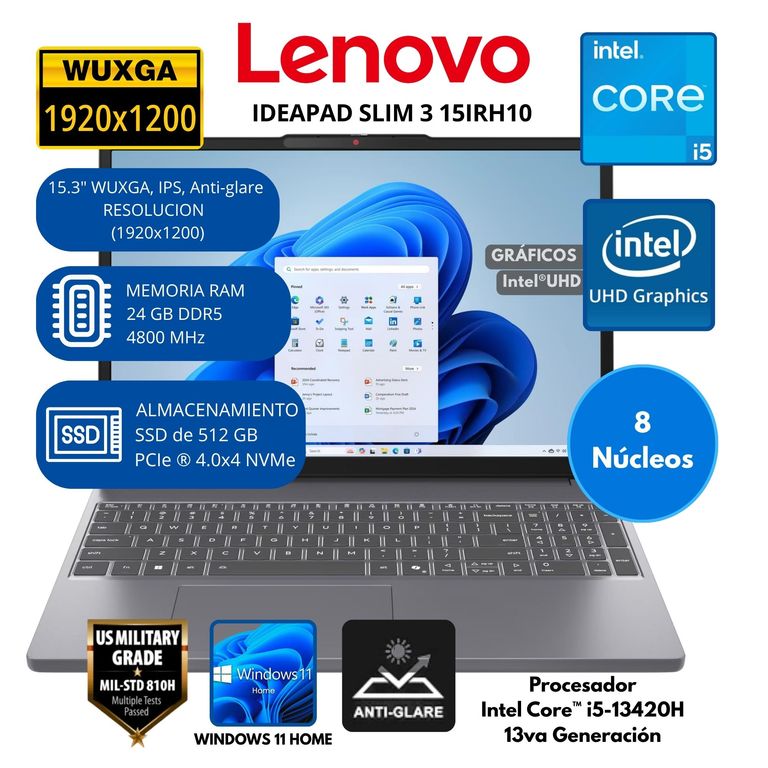 Laptop IdeaPad Slim 3 Intel Core i5 RAM 24 GB SSD 512 GB 15.3"WUXGA Windows 11 HOME
