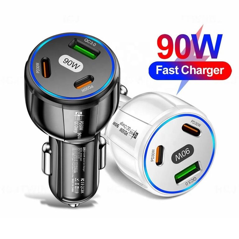 CARGADOR DE CELULAR 90W NEGRO PARA AUTO 3 PUERTOS USB Y USB-C RAPIDA