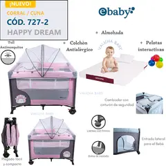 EBABY - CUNA CORRAL CON CAMBIADOR HAPPY DREAM - ROSADO + COLCHON
