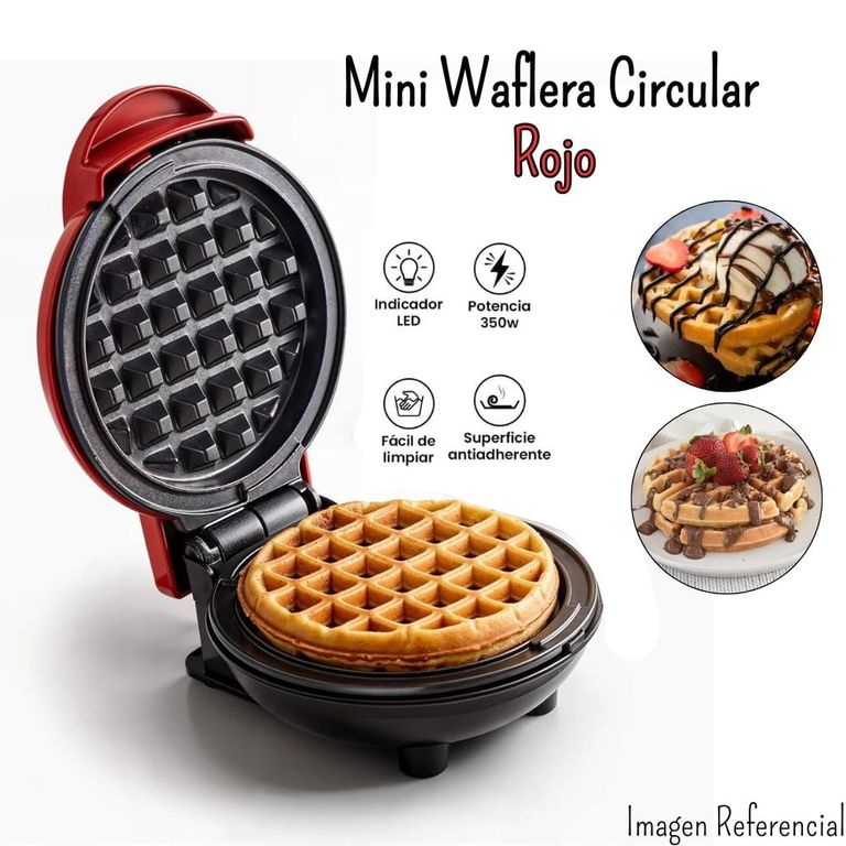 Mini Wafflera Antiadherente Eléctrica Circular-Rojo