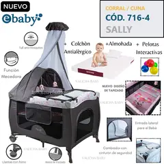 EBABY - CUNA CORRAL CON MECEDORA SALLY 716-4 - GRIS ROSADO + COLCHON