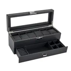 GENERICO - Porta Relojes Estilo de carbono para 6 Relojes mas joyero