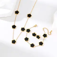 GENIEKA - Set Collar Aretes y Pulsera Trébol Negro Cinco Pétalos Mujer