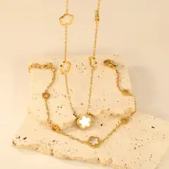 GENIEKA - Set Collar y Pulsera Trébol Nácar Blanco Cadena Dorada Mujer
