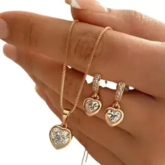 GENIEKA - Set Collar Aretes Corazón Cristal Joyas Mujer Cadena Dije Lujo