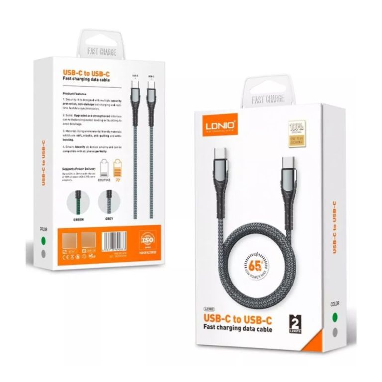 Cable LC102 Tipo C a C Nylón 2 Metros 65W Carga Rápida