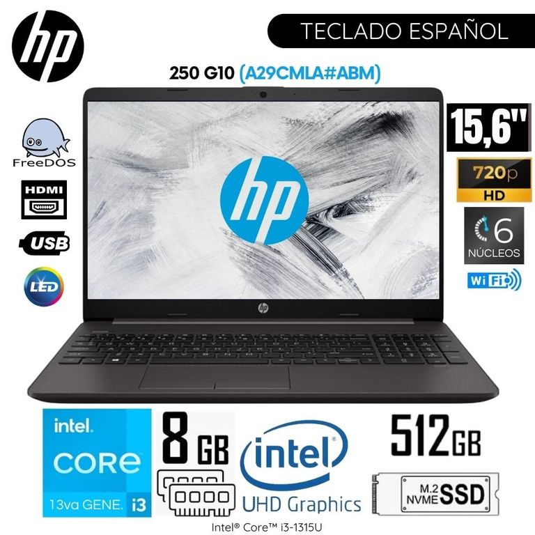 Laptop 250 G10 Intel Core i3-1315U 8GB RAM 512GB SSD 15.6 Pulg. HD (A29CMLA#ABM) - Plateado