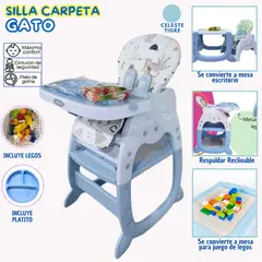 HI BABY - Silla de comer Carpeta Reclinable Gato Celeste Tigre