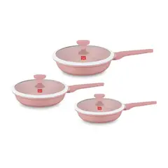 OEM - Juego de Sarten Antiadherente con Tapa 20 24 y 28cm Color Rosa