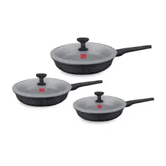 OEM - Juego de Sarten Antiadherente con Tapa 20 24 y 28cm Color Negro